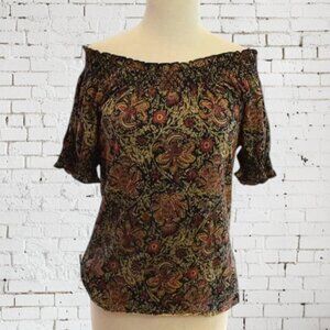 NWT Lauren by Ralph Lauren Smocked Short Sleeve Shirt Floral Off-the-Shoulder